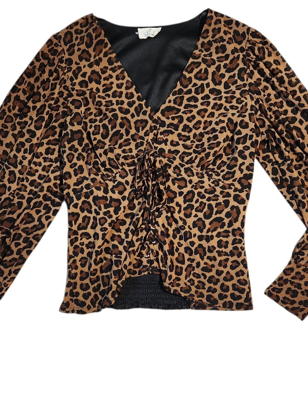 Leopard Sheer Sleeve Ruched Lace-Up Top - Y2K Indie Sleaze